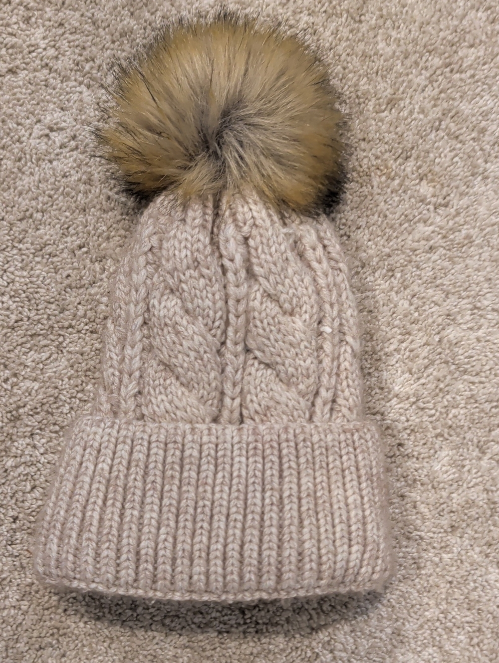 Anthropologie Womens Cable Knit Pom Beanie - Beige with Brown Pom